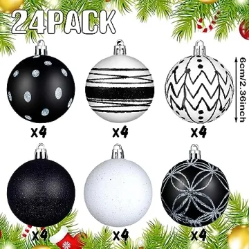 Elegant Black and White Christmas Ornaments Set 24 Pieces