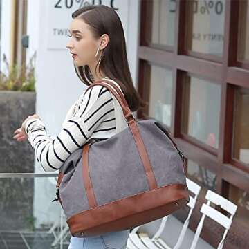 CAMTOP Women Ladies Weekender Travel Bag Canvas Overnight Carry-on Duffel Tote Luggage (Gray)