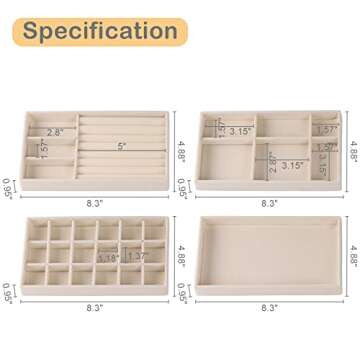 CDBOVID Set of 8 Stackable Jewelry Organizer Stackable Trays,Jewelry Drawer Inserts Container Display Case Storage for Earring Necklace Rings Bracelet Watch with Removable Dividers-Beige