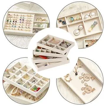 CDBOVID Set of 8 Stackable Jewelry Organizer Stackable Trays,Jewelry Drawer Inserts Container Display Case Storage for Earring Necklace Rings Bracelet Watch with Removable Dividers-Beige