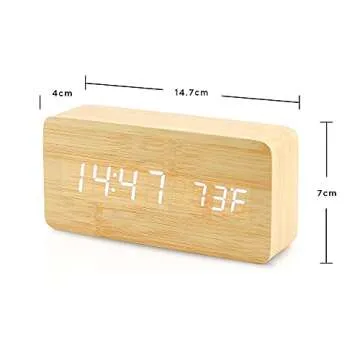OCT17 Wooden Digital Alarm Clock, Wood Fashion Multi-Function LED Alarm Clock with USB Power Supply, Voice Control, Timer, Thermometer - Bamboo