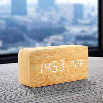 OCT17 Wooden Digital Alarm Clock, Wood Fashion Multi-Function LED Alarm Clock with USB Power Supply, Voice Control, Timer, Thermometer - Bamboo