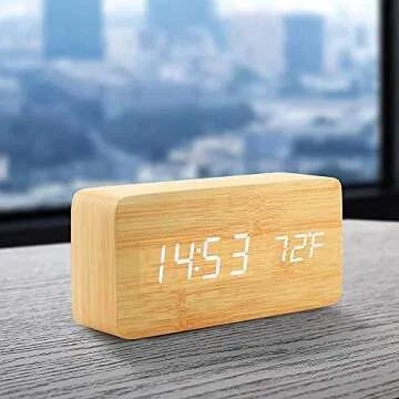 OCT17 Wooden Digital Alarm Clock, Wood Fashion Multi-Function LED Alarm Clock with USB Power Supply, Voice Control, Timer, Thermometer - Bamboo