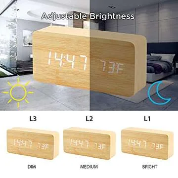OCT17 Wooden Digital Alarm Clock, Wood Fashion Multi-Function LED Alarm Clock with USB Power Supply, Voice Control, Timer, Thermometer - Bamboo