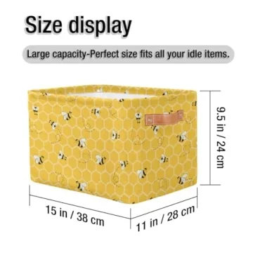 Storage Baskets with Handles, Bee Honeycomb Yellow Storage Cube Rectangular Fabric Collapsible Toy Storage Bin Organizer for Closet Shelf Laundry Nursery Kids Bedroom, 15x11x9.5 In,1 Pack