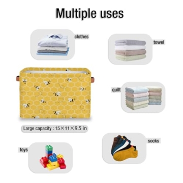 Storage Baskets with Handles, Bee Honeycomb Yellow Storage Cube Rectangular Fabric Collapsible Toy Storage Bin Organizer for Closet Shelf Laundry Nursery Kids Bedroom, 15x11x9.5 In,1 Pack