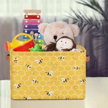 Storage Baskets with Handles, Bee Honeycomb Yellow Storage Cube Rectangular Fabric Collapsible Toy Storage Bin Organizer for Closet Shelf Laundry Nursery Kids Bedroom, 15x11x9.5 In,1 Pack