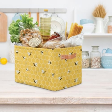 Storage Baskets with Handles, Bee Honeycomb Yellow Storage Cube Rectangular Fabric Collapsible Toy Storage Bin Organizer for Closet Shelf Laundry Nursery Kids Bedroom, 15x11x9.5 In,1 Pack