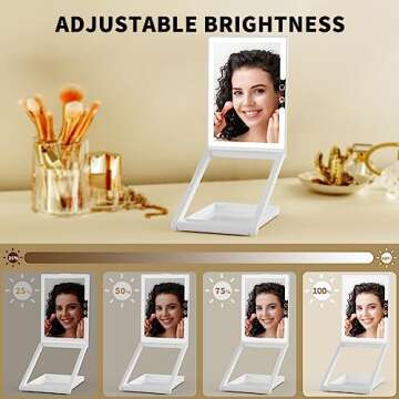 OLIBUY Makeup Mirror with Lights, 7.5" L x 5.7" W Portable Travel Mirror with 10X Magnifying Mirror, 3 Color Lighting Rechargeable Lighted Folding Mirror, Base Storage, Adjustable Height