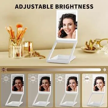 OLIBUY Makeup Mirror with Lights, 7.5" L x 5.7" W Portable Travel Mirror with 10X Magnifying Mirror, 3 Color Lighting Rechargeable Lighted Folding Mirror, Base Storage, Adjustable Height