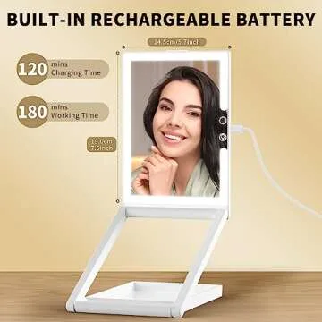 OLIBUY Makeup Mirror with Lights, 7.5" L x 5.7" W Portable Travel Mirror with 10X Magnifying Mirror, 3 Color Lighting Rechargeable Lighted Folding Mirror, Base Storage, Adjustable Height