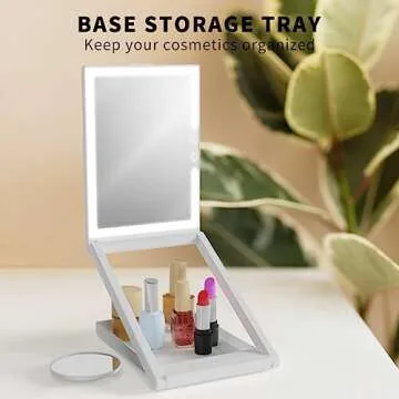 OLIBUY Makeup Mirror with Lights, 7.5" L x 5.7" W Portable Travel Mirror with 10X Magnifying Mirror, 3 Color Lighting Rechargeable Lighted Folding Mirror, Base Storage, Adjustable Height