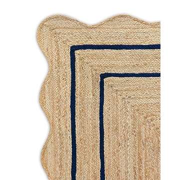 Weaving Village Wave Scalloped Natural Jute Rug Boho Jute Rug Entryway Runner Rug Farmhouse Scallop Rug, Navy (2'x6')