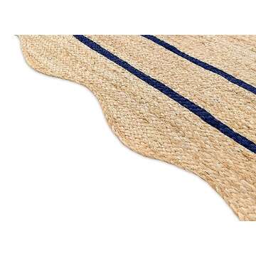Weaving Village Wave Scalloped Natural Jute Rug Boho Jute Rug Entryway Runner Rug Farmhouse Scallop Rug, Navy (2'x6')