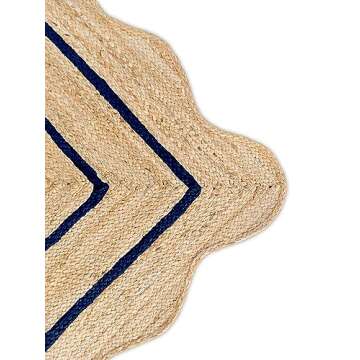 Weaving Village Wave Scalloped Natural Jute Rug Boho Jute Rug Entryway Runner Rug Farmhouse Scallop Rug, Navy (2'x6')