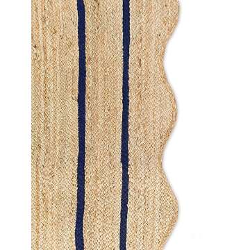Weaving Village Wave Scalloped Natural Jute Rug Boho Jute Rug Entryway Runner Rug Farmhouse Scallop Rug, Navy (2'x6')
