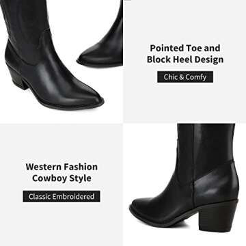 Athlefit Cowboy Boots For Women Knee High Pointed Toe Western Cowgirl Boots Chunky Heel Embroidery F...