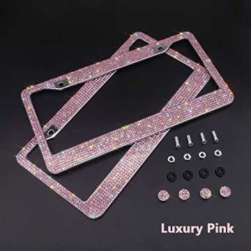 2 Pack Crystal Stainless Steel License Plate Frames with Gift Box and Sparkly Screw Caps,Luxury Popular Bling Rhinestone Car Accessories for All Standard Plate Size (Pink)