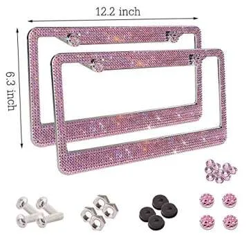 2 Pack Crystal Stainless Steel License Plate Frames with Gift Box and Sparkly Screw Caps,Luxury Popular Bling Rhinestone Car Accessories for All Standard Plate Size (Pink)