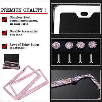 2 Pack Crystal Stainless Steel License Plate Frames with Gift Box and Sparkly Screw Caps,Luxury Popular Bling Rhinestone Car Accessories for All Standard Plate Size (Pink)