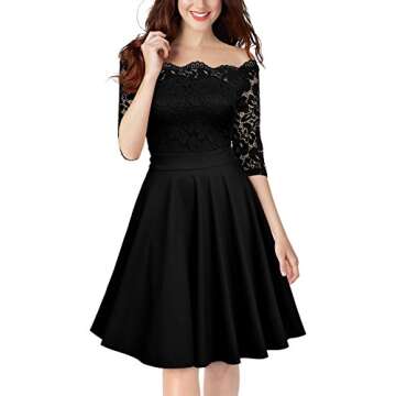 MISSMAY Women's Vintage Floral Lace Half Sleeve Off Shoulder Formal Swing Dress
