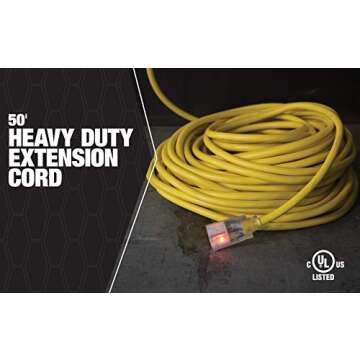 Southwire Outdoor Extension Cord, 50 Ft, 12 gauge 3 prong, Heavy Duty, SJTW Cord, Yellow, 2588