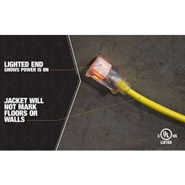 Southwire Outdoor Extension Cord, 50 Ft, 12 gauge 3 prong, Heavy Duty, SJTW Cord, Yellow, 2588