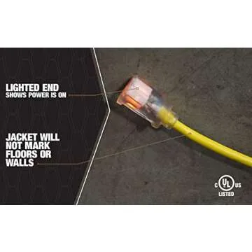 Southwire Outdoor Extension Cord, 50 Ft, 12 gauge 3 prong, Heavy Duty, SJTW Cord, Yellow, 2588