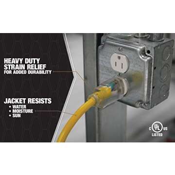 Southwire Outdoor Extension Cord, 50 Ft, 12 gauge 3 prong, Heavy Duty, SJTW Cord, Yellow, 2588