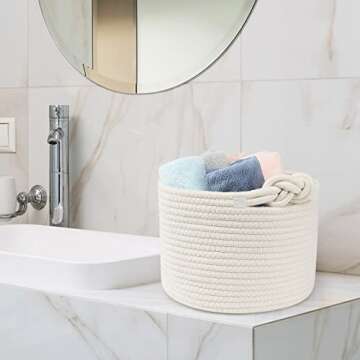 ABenkle Small Woven Basket, Cotton Rope Shelf Storage Basket, Small Round Easter Basket, Cute Basket, Decorative Round Bin for Nursery Bedroom Bathroom, 9.4" x 9.4"x 7.1" Empty Gift Basket