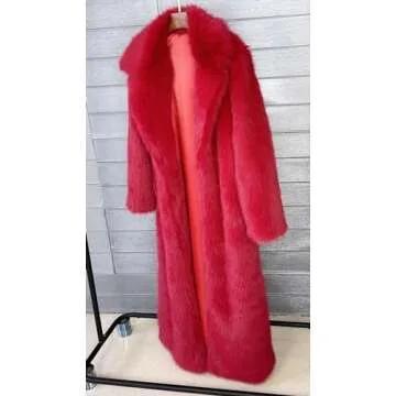 Vickstco Red Faux Fur Long Coat Women Stylish Luxury