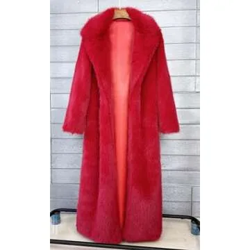 Vickstco Red Faux Fur Long Coat Women Stylish Luxury