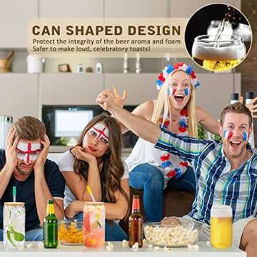 FEIMADA Drinking Glasses 4Pcs, 16oz Can Shaped Glass Cups with Bamboo Lids and Straws, Beer Glasses, Iced Coffee Glasses, Cocktail Glasses, Wide Mouth Mason Jars for Smoothies