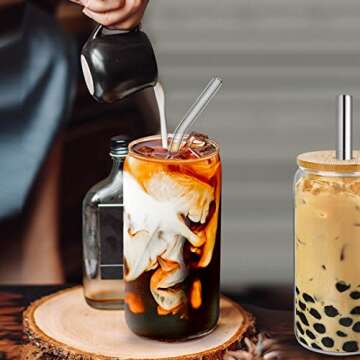 FEIMADA Drinking Glasses 4Pcs, 16oz Can Shaped Glass Cups with Bamboo Lids and Straws, Beer Glasses, Iced Coffee Glasses, Cocktail Glasses, Wide Mouth Mason Jars for Smoothies