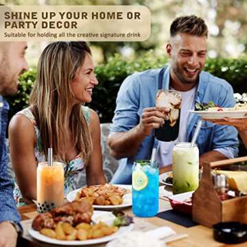 FEIMADA Drinking Glasses 4Pcs, 16oz Can Shaped Glass Cups with Bamboo Lids and Straws, Beer Glasses, Iced Coffee Glasses, Cocktail Glasses, Wide Mouth Mason Jars for Smoothies