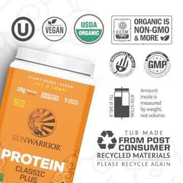 Sunwarrior Vegan Organic Protein Powder Plant-Based | 5 Superfood Quinoa Chia Seed Soy Free Dairy Free Gluten Free Synthetic Free Non-GMO | Vanilla 30 Servings | Classic Plus