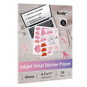 Koala Vinyl Sticker Paper for Inkjet Printer - Printable Glossy Sticker Paper and Holographic Laminate Sheets - Clear Holographic Sticker Paper, Bundle Pack