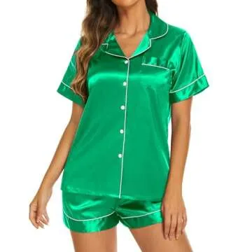 Ekouaer Pajamas Set Womens Silk Soft Sleepwear Satin Short Sleeve Button Up Top and Shorts Nightwear 2 Piece Pjs Set,Green,Small