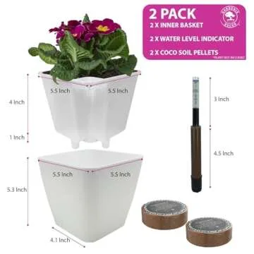 GARDENIX DECOR 5" Self Watering pots for Indoor Plants - Flower Pot with Water Level Indicator for Plants, Grow Tracking Tool - Self Watering Planter Plant Pot – 2 Pack White