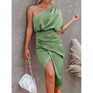 CUPSHE Women Satin Dress Backless One Shoulder Short Sleeves Midi High Low Hem Cocktail Party Dress Sage Green with Zipper S