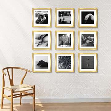LaVie Home 12x12 Gallery Wall Frame Set Gold, 9 Packs 12x12 frame with Mat for 8x8 Photos, Simple Designed Classic Square Picture Frame for Wall Mount, Gold frames Perfect for Wall Decor