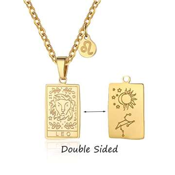 Zodiac Sign Necklace for Women Double Sided Constellation Tarot Card Pendant 18K Gold Stainless Stee...