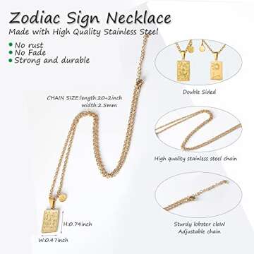 Zodiac Sign Necklace for Women Double Sided Constellation Tarot Card Pendant 18K Gold Stainless Steel Chain 20+2 inch Waterproof NonTarnish Friendship Jewelry Birthday Gift for Girls(Leo)