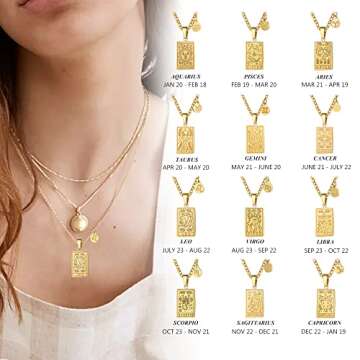 Zodiac Sign Necklace for Women Double Sided Constellation Tarot Card Pendant 18K Gold Stainless Steel Chain 20+2 inch Waterproof NonTarnish Friendship Jewelry Birthday Gift for Girls(Leo)