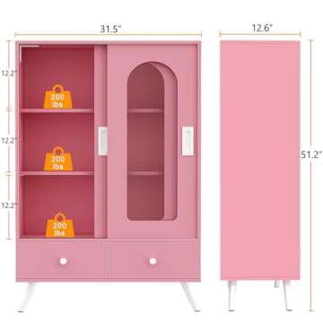 Cyclysio Storage Cabinet with Sliding Doors, 51'' Accent Cabinet with Storage & Drawers, Free Standing Accent Storage Cabinet with Golden Legs, Modern Bookcase for Entryway, Kitchen, Hallway, Pink