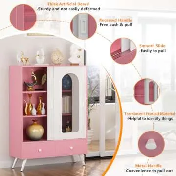 Cyclysio Storage Cabinet with Sliding Doors, 51'' Accent Cabinet with Storage & Drawers, Free Standing Accent Storage Cabinet with Golden Legs, Modern Bookcase for Entryway, Kitchen, Hallway, Pink