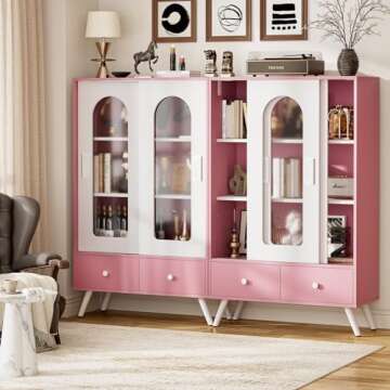 Cyclysio Storage Cabinet with Sliding Doors, 51'' Accent Cabinet with Storage & Drawers, Free Standing Accent Storage Cabinet with Golden Legs, Modern Bookcase for Entryway, Kitchen, Hallway, Pink