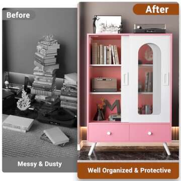 Cyclysio Storage Cabinet with Sliding Doors, 51'' Accent Cabinet with Storage & Drawers, Free Standing Accent Storage Cabinet with Golden Legs, Modern Bookcase for Entryway, Kitchen, Hallway, Pink