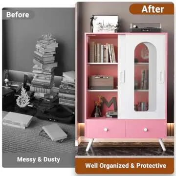 Cyclysio Storage Cabinet with Sliding Doors, 51'' Accent Cabinet with Storage & Drawers, Free Standing Accent Storage Cabinet with Golden Legs, Modern Bookcase for Entryway, Kitchen, Hallway, Pink