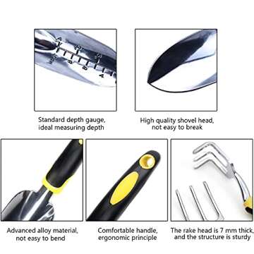 Dorathye Garden Tool Set, 3 Piece Heavy Duty Cast-Aluminum Heads Gardening Kit with Soft Rubberized Non-Slip Handle - Trowel,Transplant Trowel and Cultivator Hand Rake - Garden Gifts for Parents